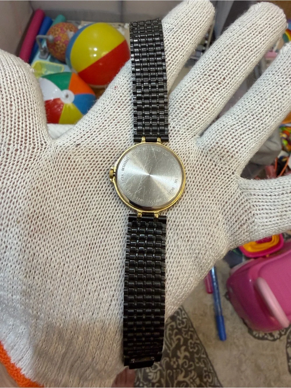 Vintage Bulova Women's Two-Tone Dress Watch Black Geometric Dial Date 60-10 32mm